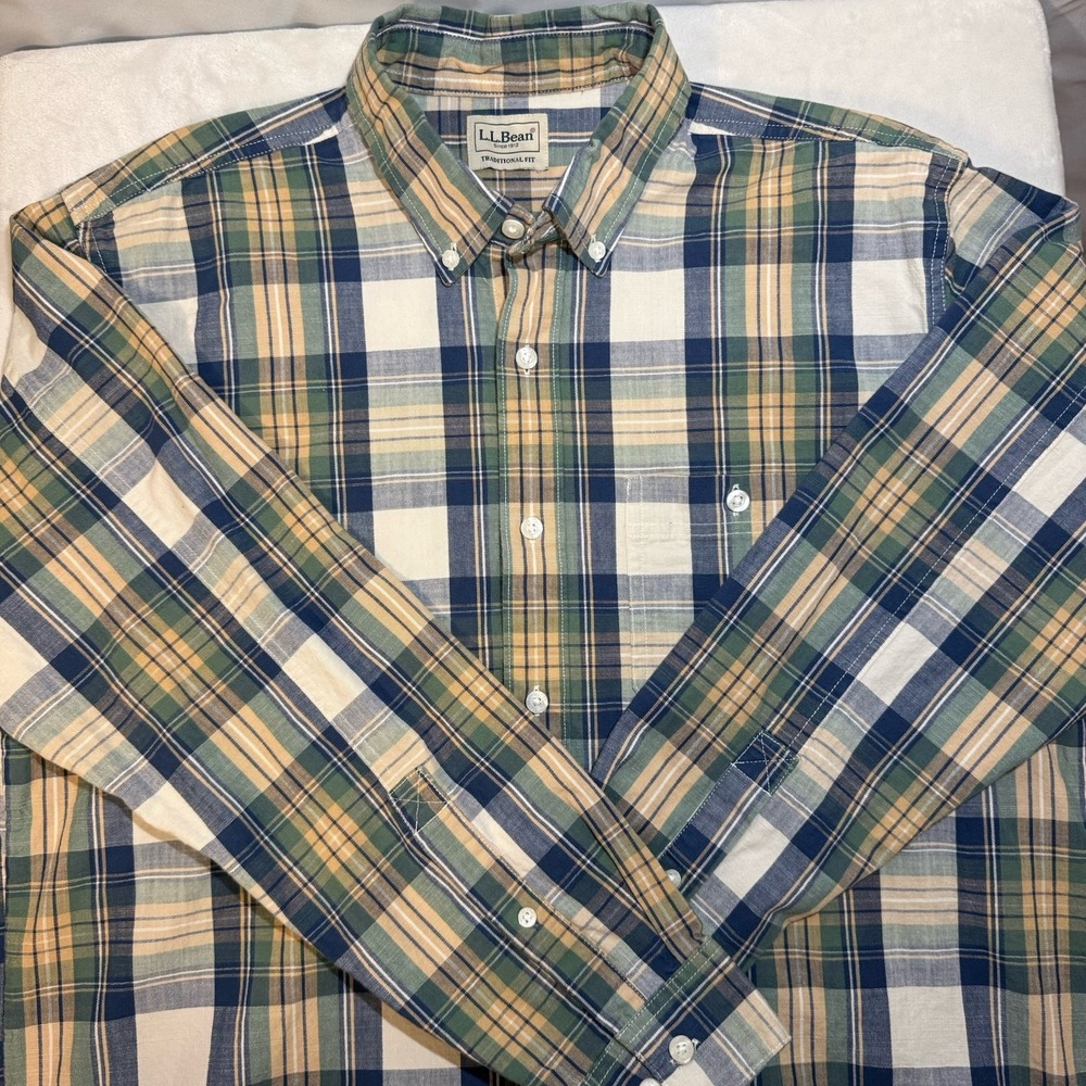 L.L.Bean Plaid Button Down Shirt Mens L‎ Traditional Fit 98% Cotton Blue Green